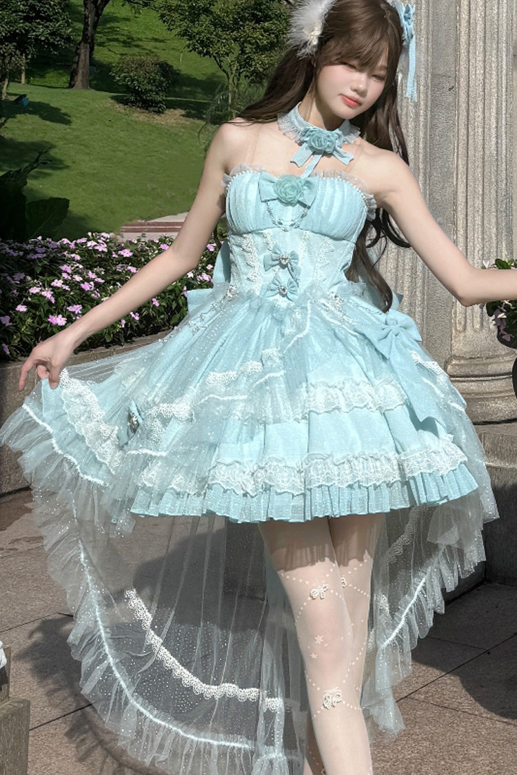 Blue Galaxy-Printed Sweet Tube Top Dress with Ruffles