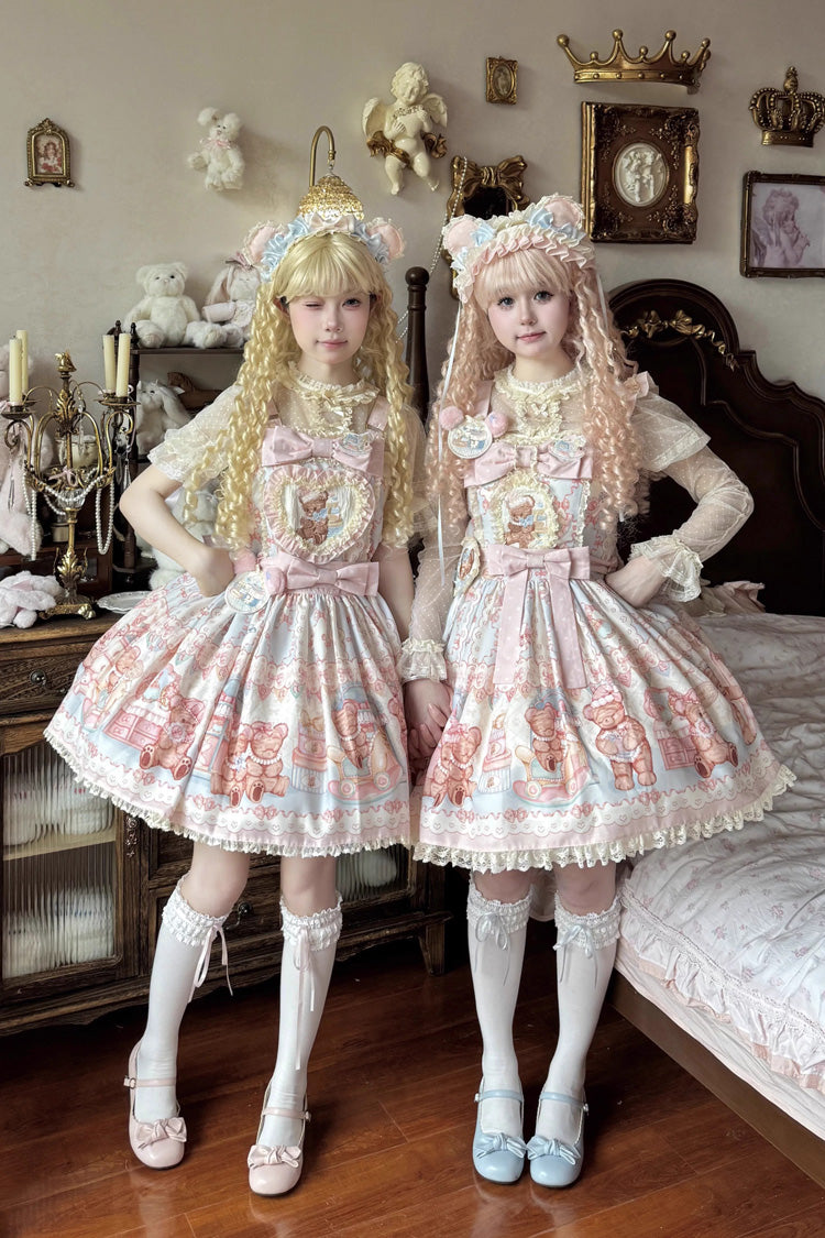 Bear Anniversary Celebration Sleeveless Printed Ruffled Bow Sweet Lolita Jumper Dress Two Colors
