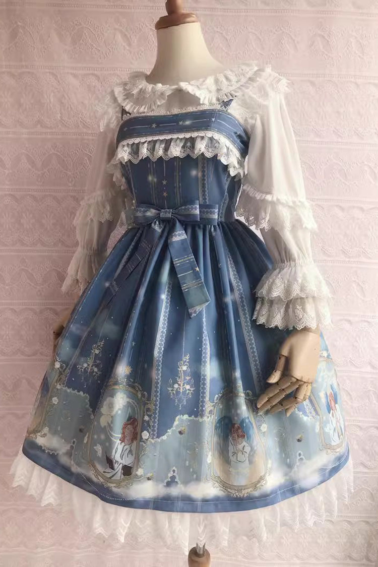 Blessing of Oriel Print Ruffled Bow Stitched Lace Sweet Lolita JSK Gown in 4 Shades