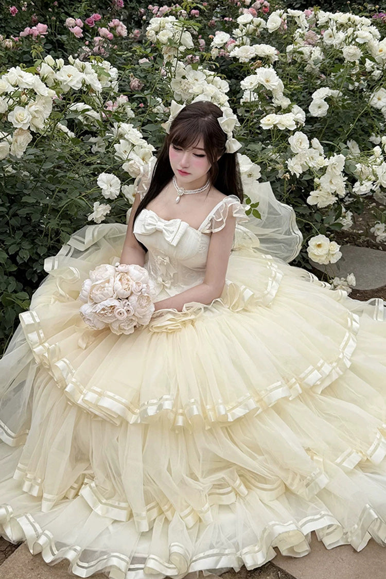 Organza Satin Sleeveless Layered Ruffled Bow Lace Sweet Lolita JSK - Apricot