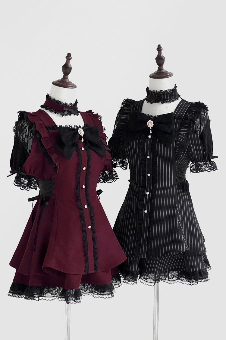 Black Waltz Short Sleeve Stripe Print Ruffle Bow Gothic Jirai Kei Dress Set