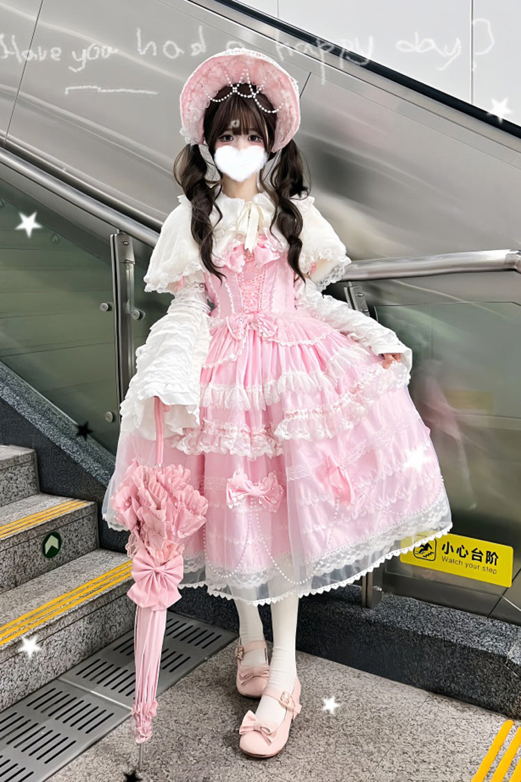 Showa Girl Triple-Layered Ruffle Lolita JSK Long Dress with Pearl Accents