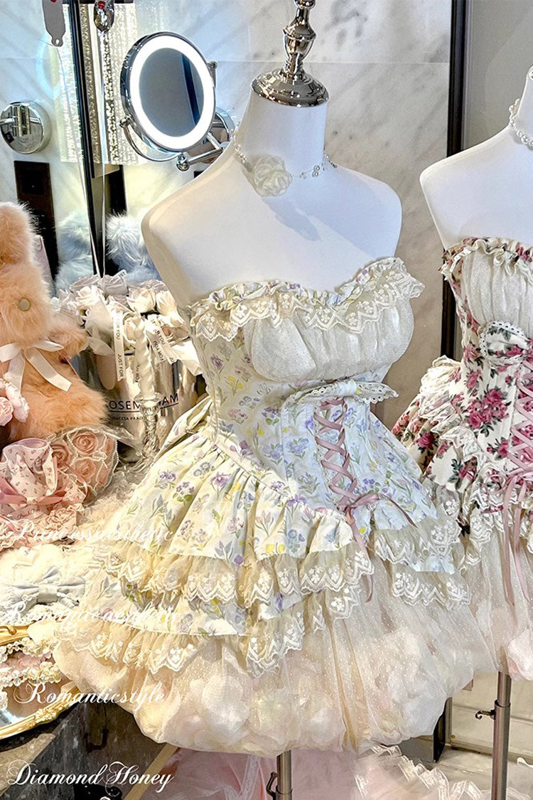 Cream Flower Story Tulip Print Bow Lace Sweet Lolita Skirt