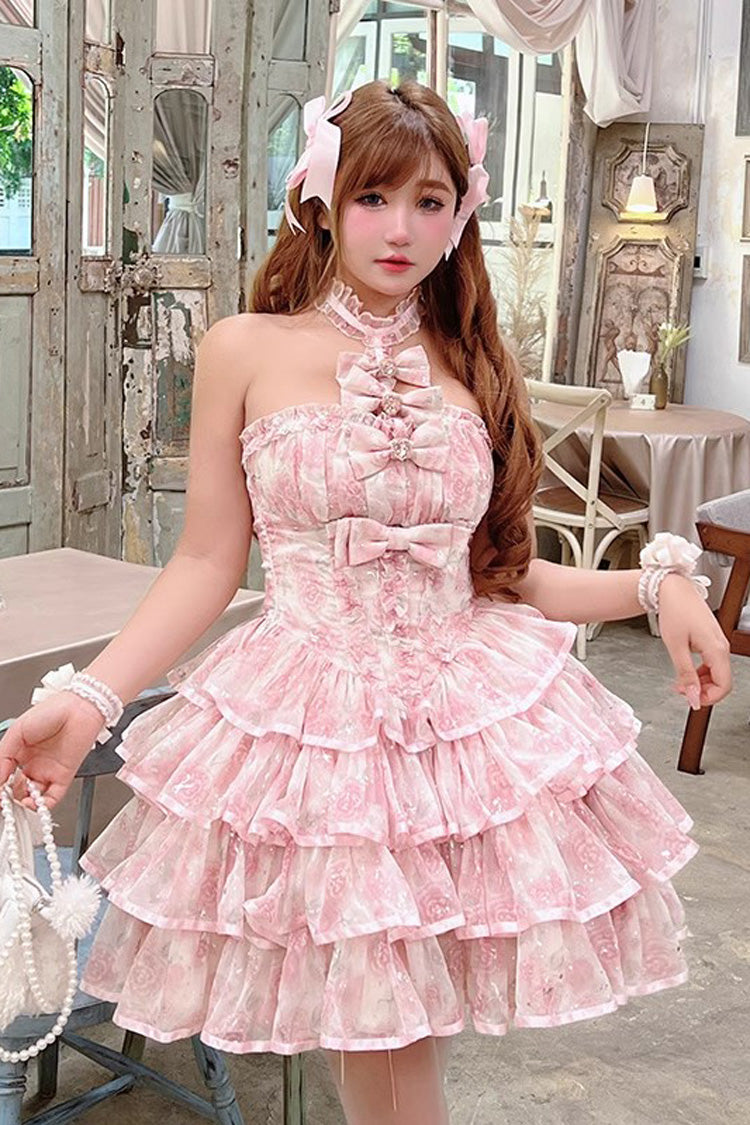 Pink Halterneck Sleeveless Multi Layer Bow Sweet Tiered Dress - Broken Silver Rose