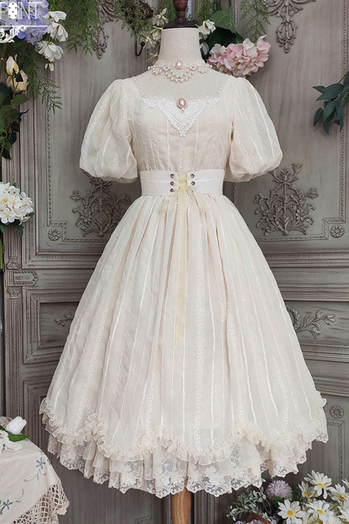 Ivory Square Collar Short Sleeve Multi-Layer Ruffled Classic Lolita OP Dress - Altfashion Shop
