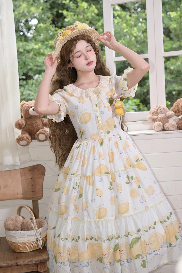 Ivory Casual Print Ruffle Bow Lace Sweet Dress