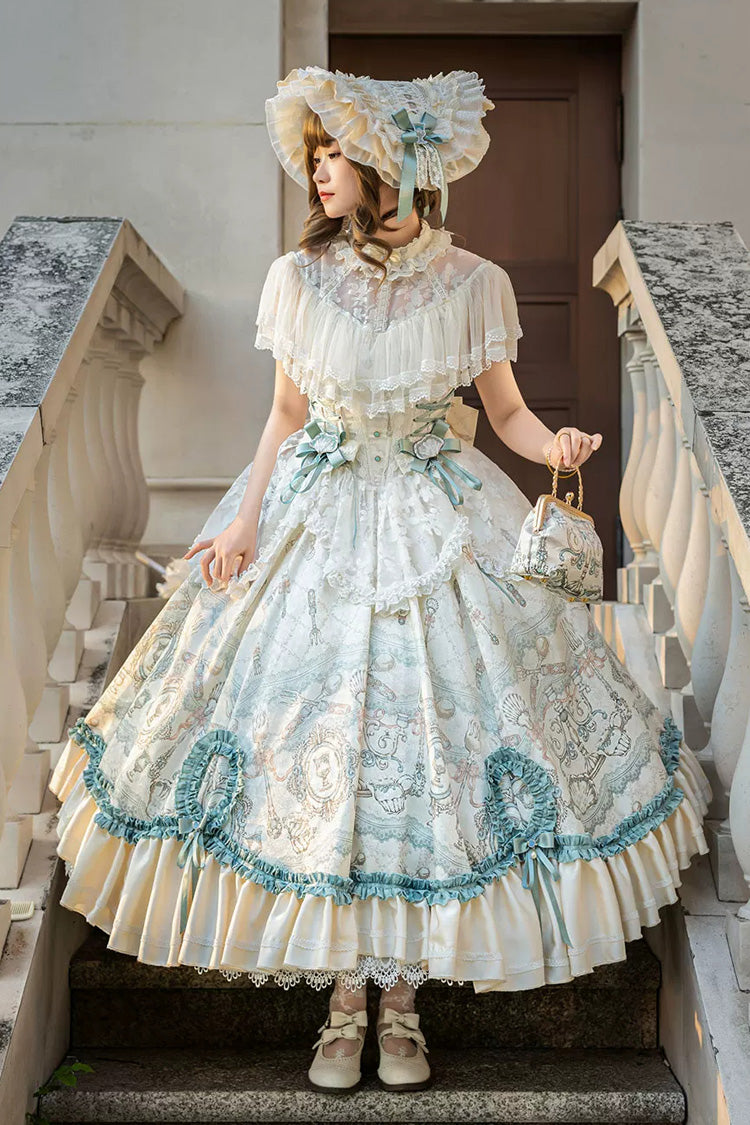 Cream Cloudborne Prelude Edwardian Collar Jacquard Printed Bow Frilled Lace Fishbone Classic Sweet Lolita Dress