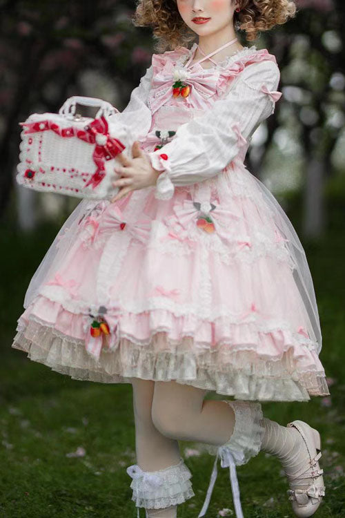 Rose Strawberry Bow Accent Rounded Collar Long Sleeve Multi-Layer Ruffled Sweet Lolita One-Piece