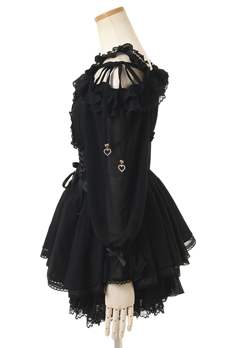 Black Floral Print Off-Shoulder Ruffle Lace-Up Skirt Set