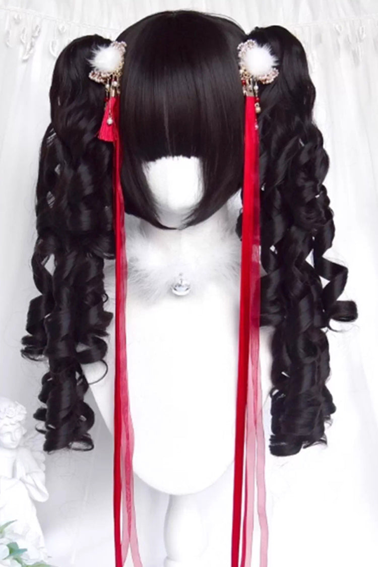 Sweet Lolita Twin Tail Wig with Curls, Black Roman