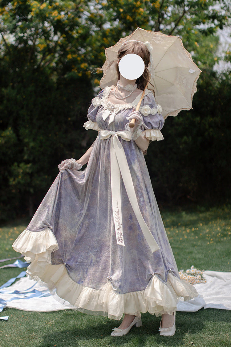 Violet Sun Moon Poem Short Sleeve Printed Bow Princess Lolita Dress