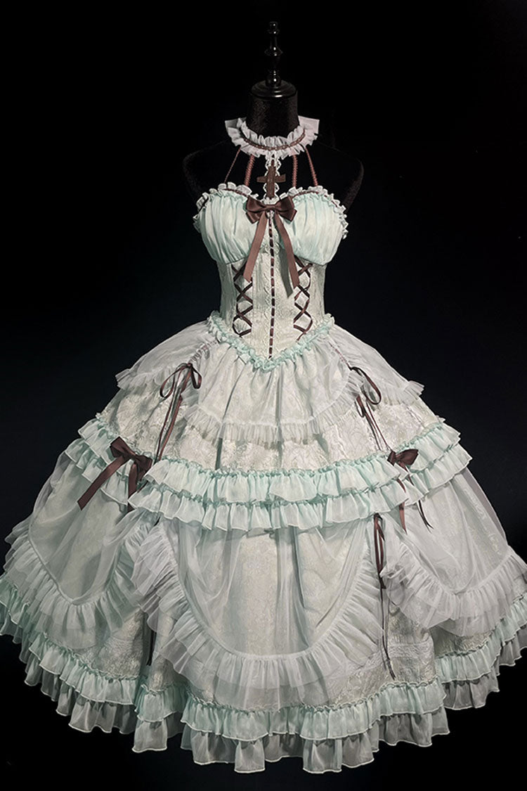 Mint Green Cross Halterneck Lace-Up Princess Sweet Lolita Dress - Ruffled Lace