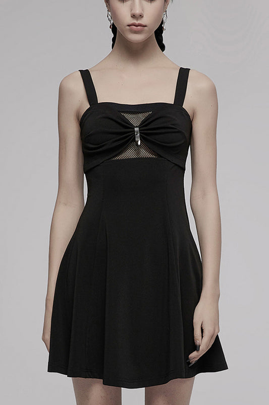 Suspender Hollow Mesh Metal PU Buckle Bow Sleeveless Punk Dress