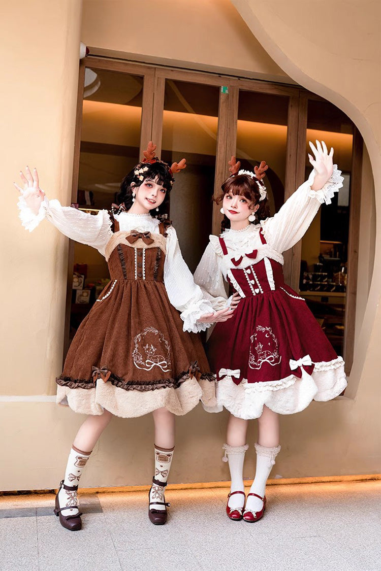Autumn Winter Lolita JSK with Deer Print & Bowknot Embroidery