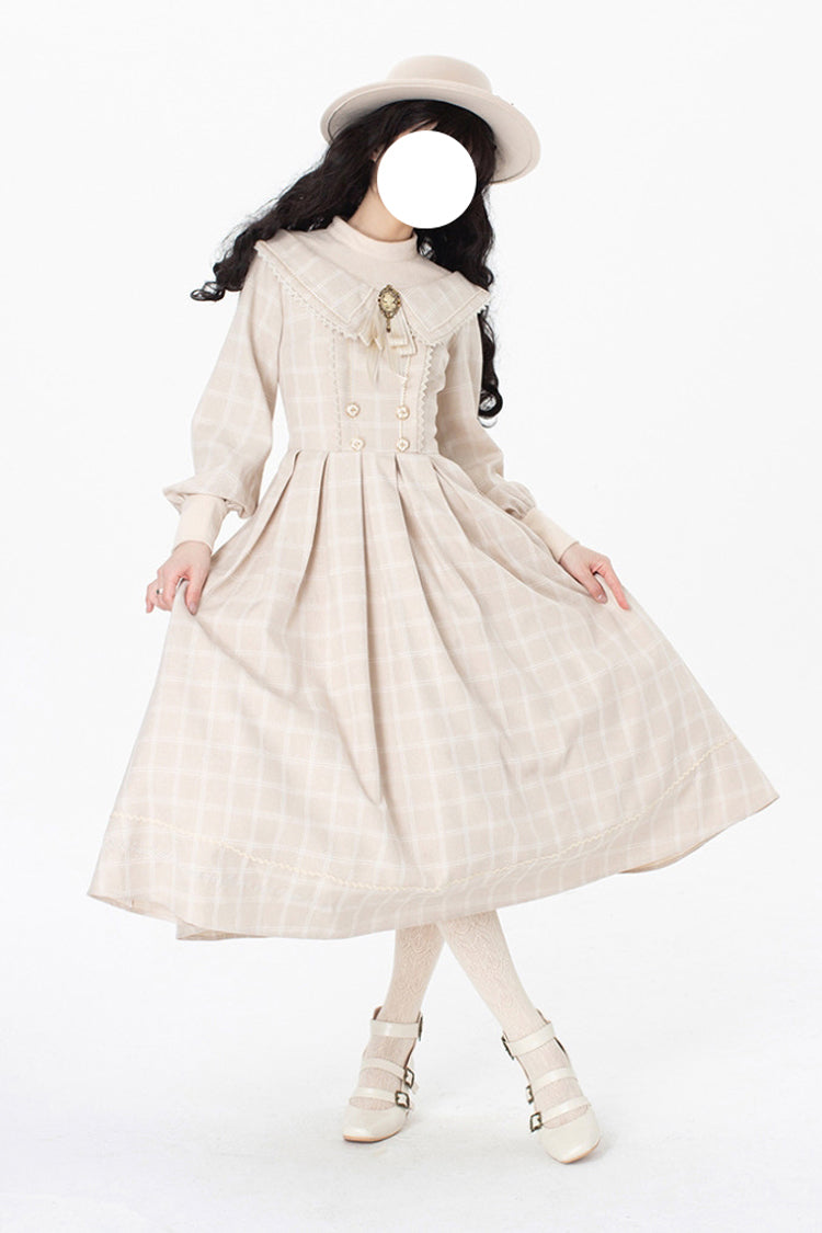 Apricot Elegant Sweet Lolita Dress with Long Sleeves Plaid Print and Bowknot Accents