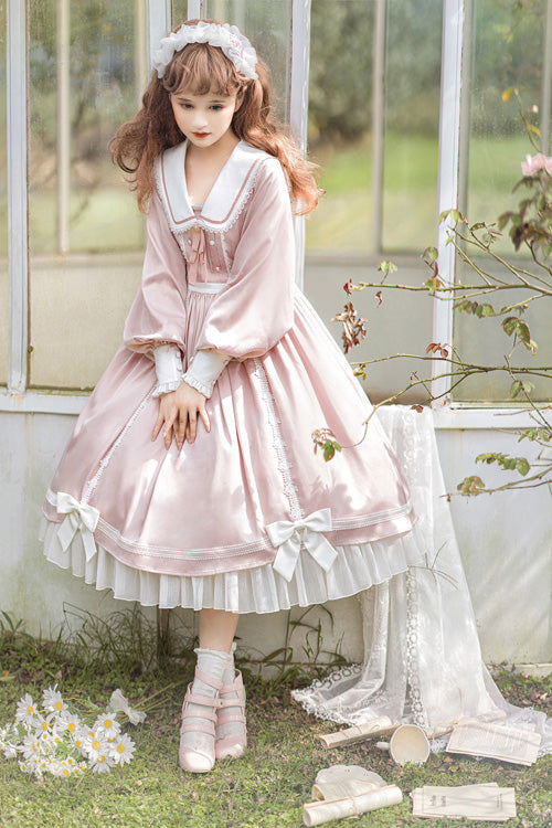 Pink High-Waisted Ruffled OP Dress with Bowknot and Long Sleeves