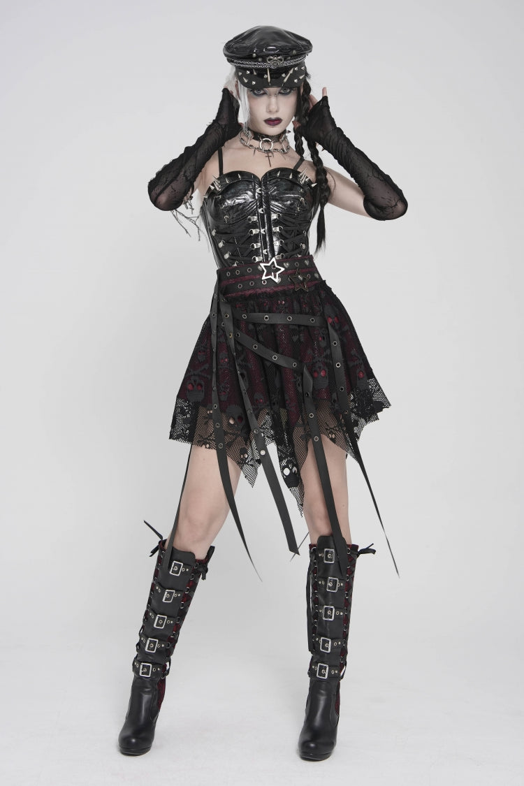 Noir & Scarlet Mesh Eyelet Laced Punk Skirt with Asymmetric Hem