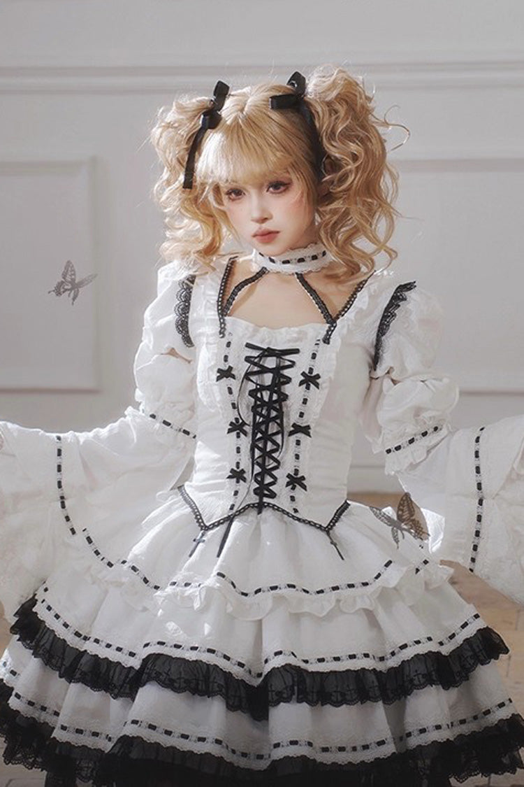White Long Trumpet Sleeve Double-Layered Ruffled Bow Lace-Up Gothic Skirt Set