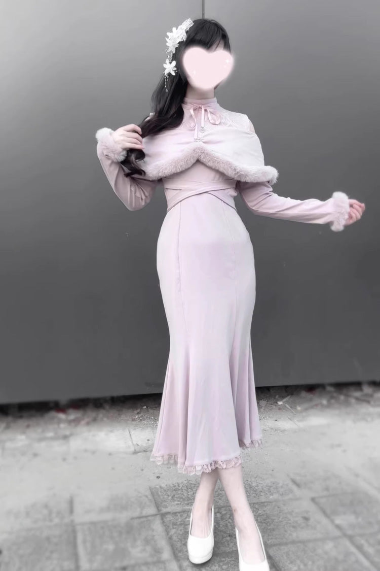 Jirai Kei Stand Collar Off Shoulder Long Sleeves Embroidered Lace Sweet Japanese Fishtail Dress 2 Colors