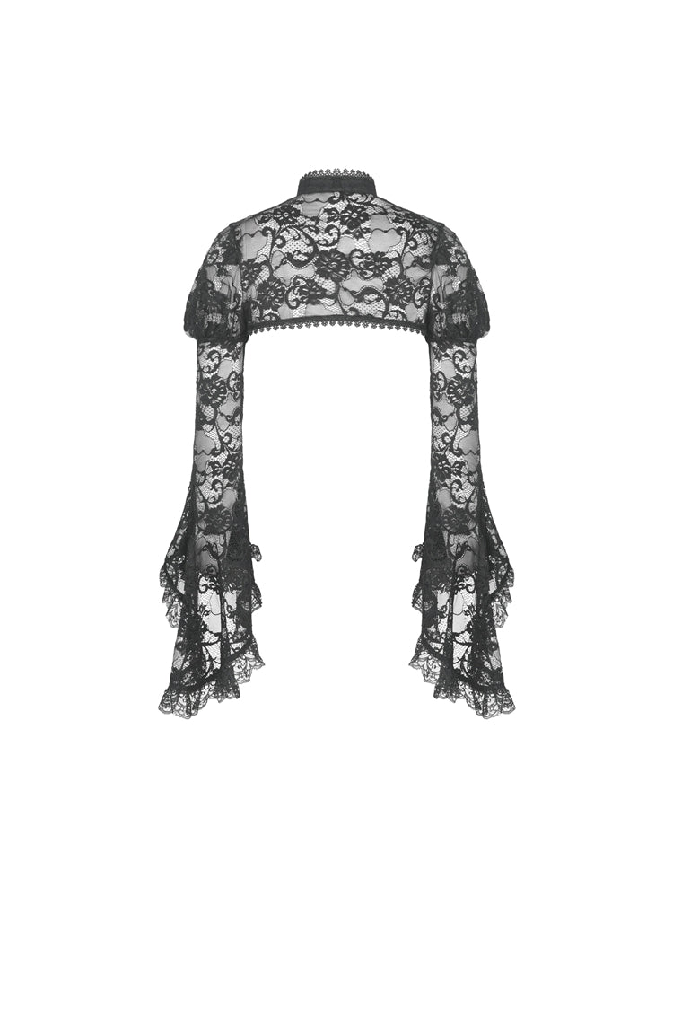 Jet-Black Gothic Cape with Sheer Floral Lace and Lacing for Women