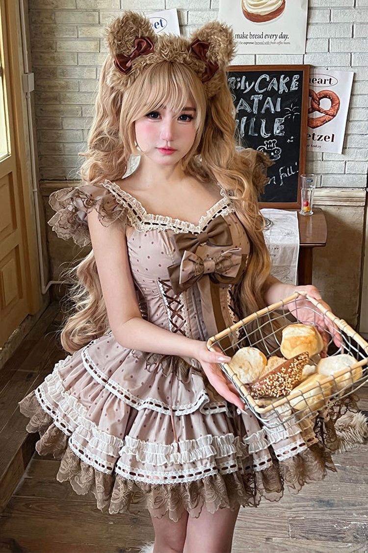 Chocolate Sleeveless Lace-Up Bow Princess JSK with Double Layers