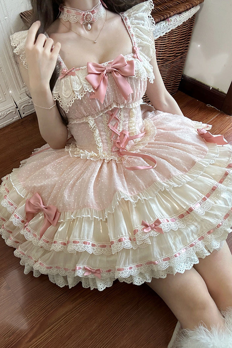 Pink Double-Layered Ruffled Bow Lace-Up Sweet Ballet JSK - Flory Butterfly