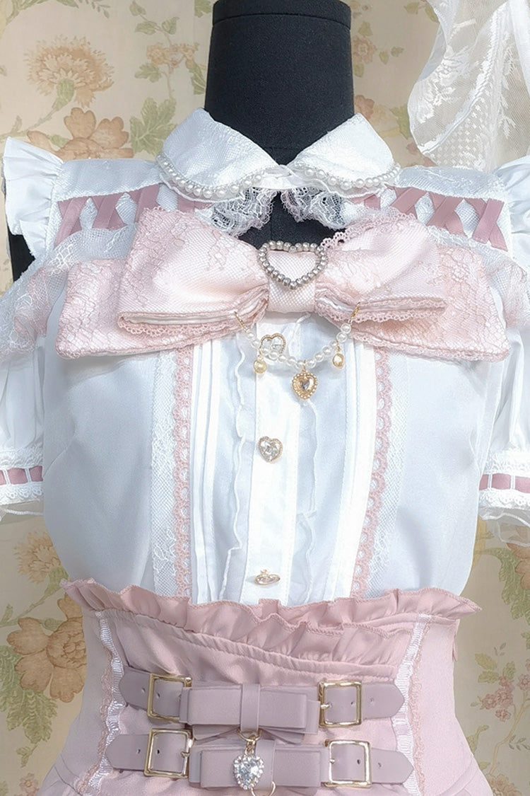 Blush & White Lapel Collar Short-Sleeve Double Ruffled Bow Sweet Jirai Kei Set