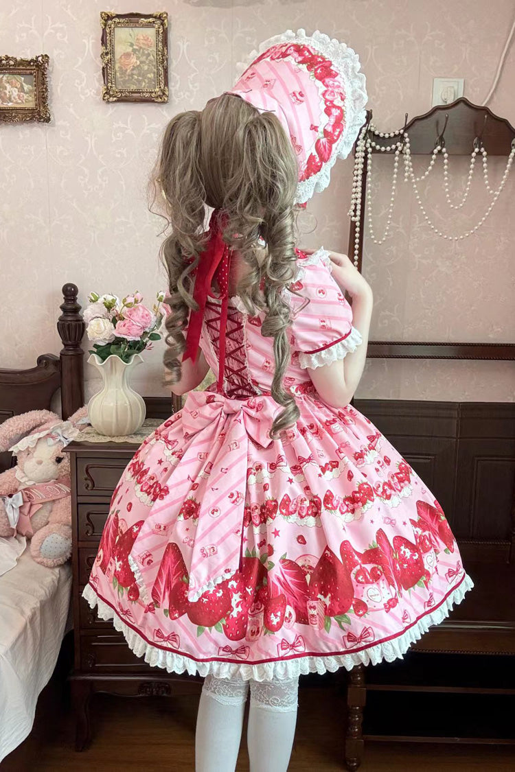 Strawberry Gift Box Pink Short Sleeves Print Ruffle Bowknot Lace Sweet Dress