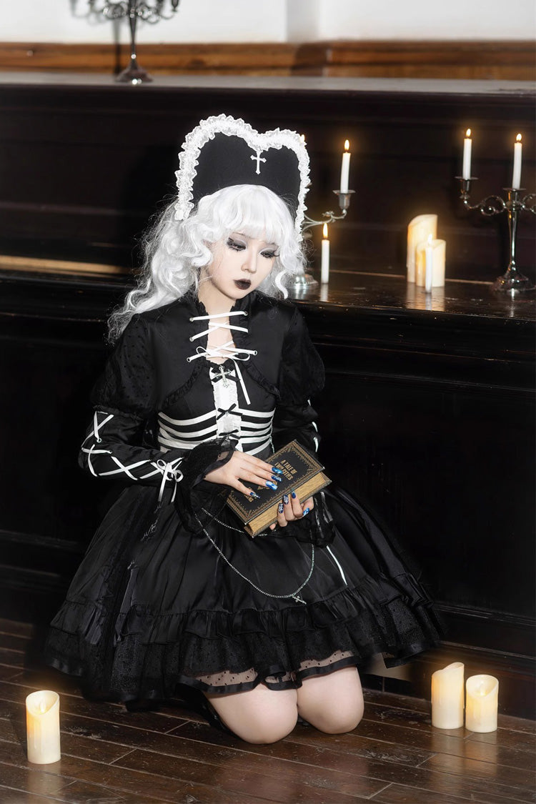 Black Prisoner Illusion Long-Sleeve Multi-Ruffle Bow Gothic Lolita JSK