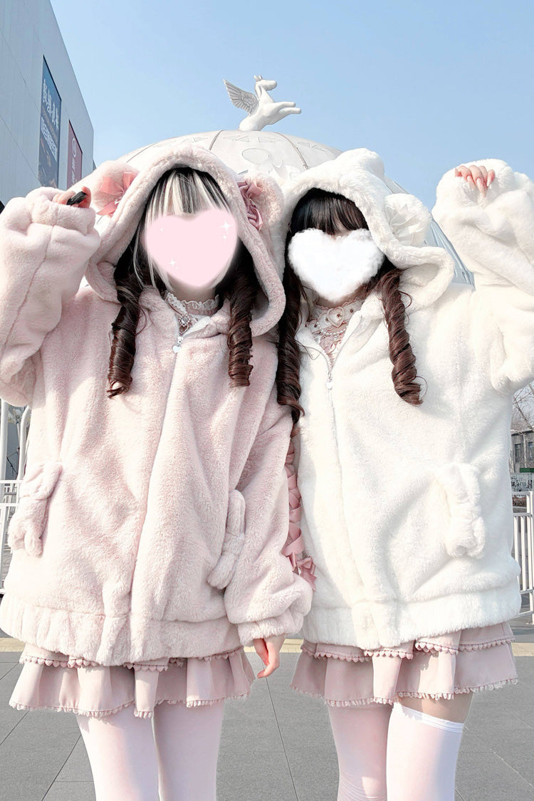 Sleepy Bear Fluffy Japanese Jirai Kei Coat with Bow and Lace-Up