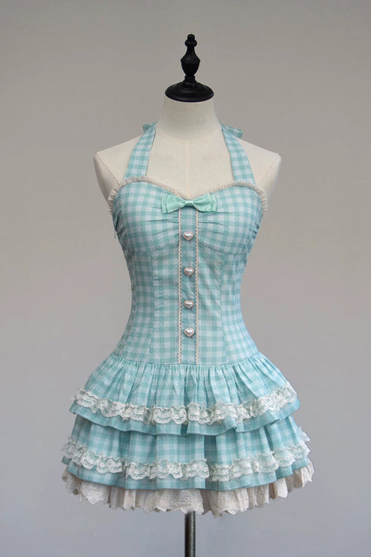 Halter Sleeveless Layered Ruffled Bow Sweet JSK - Summer Mint