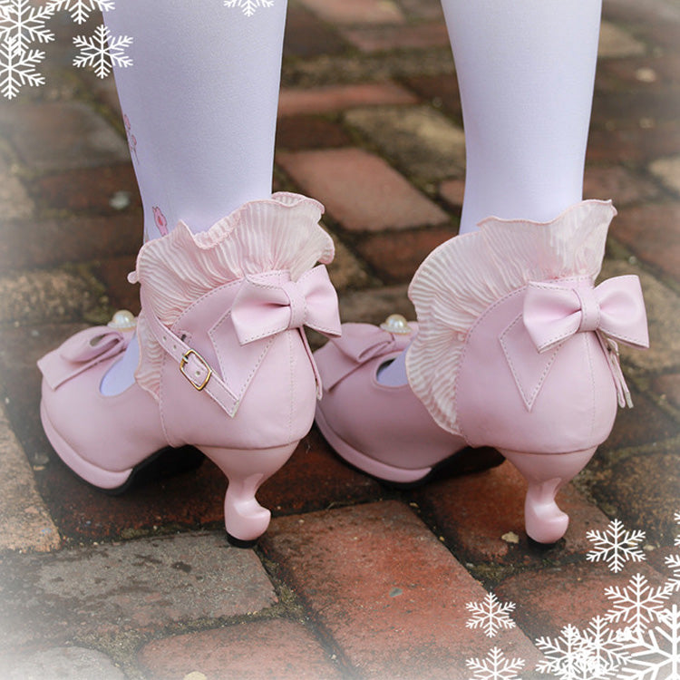 Ribbon-Strap Ruffle PU Girly Lolita Pumps - Multiple Shades