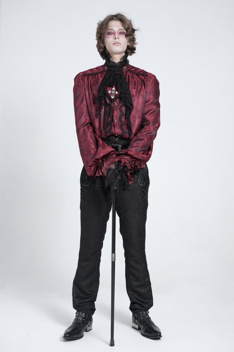 Crimson Puff Sleeve Men's Gothic Shirt with Lace Tie