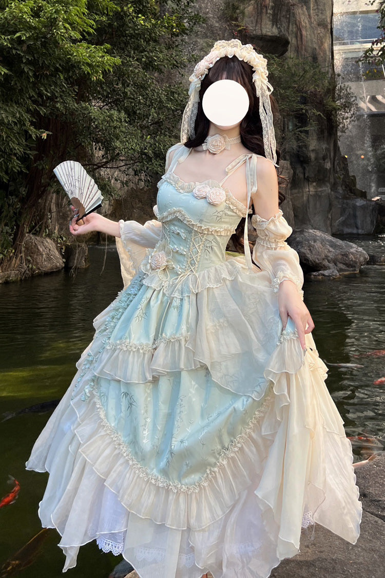Green Tea Bamboo Song Sleeveless Jacquard Ruffle Bow Lace Chinese Ballet Jsk Dress
