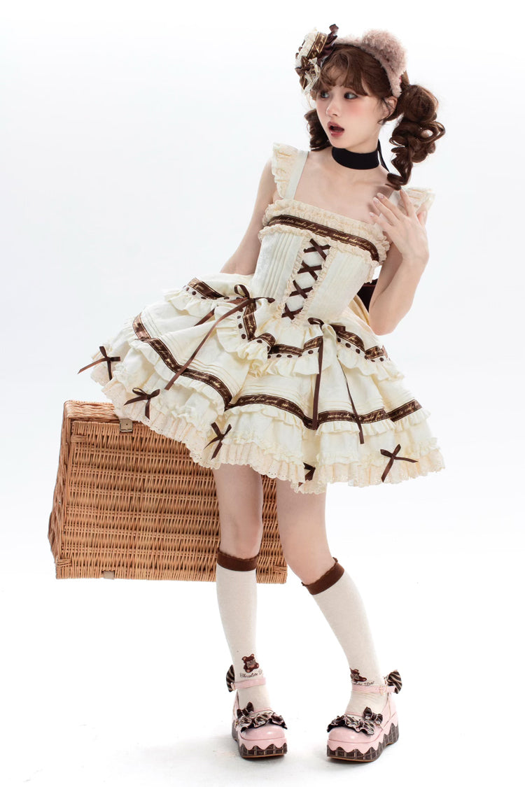 Double-Layered Ruffle Bowknot Sweet Plus Size Ivory Chocolate Sleeveless Jsk Dress