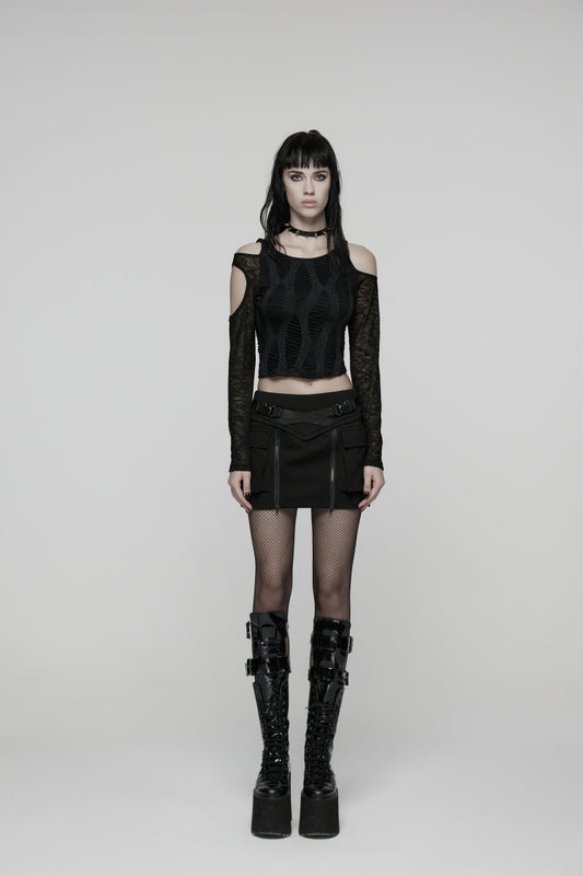 Women's Punk Cool Techwear Skirt with Lace-Up, Zipper and Big Pockets