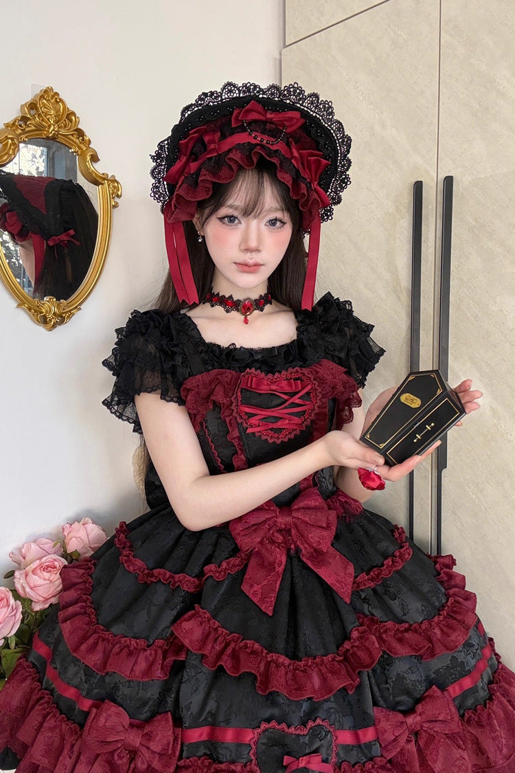 Triple-Layered Ruffle Bow Lace Gothic Jsk Dress