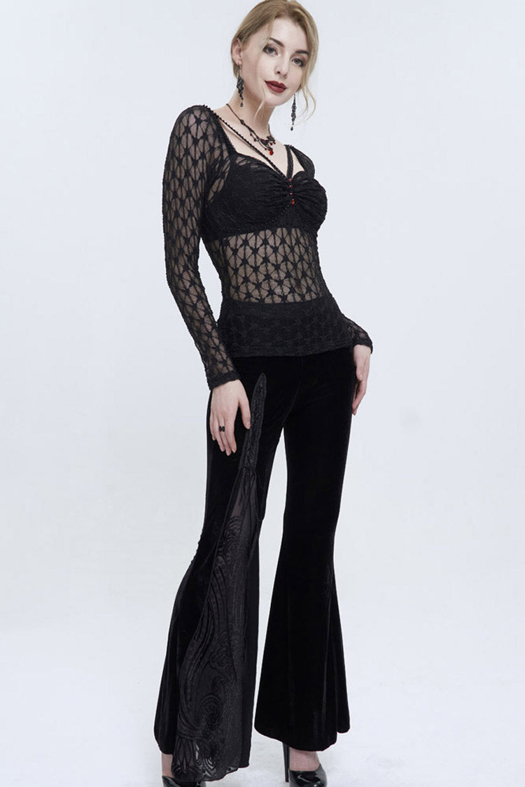 Punk Black Lace Mesh Front Red Diamond Transparent Long-Sleeve Women's Shirt