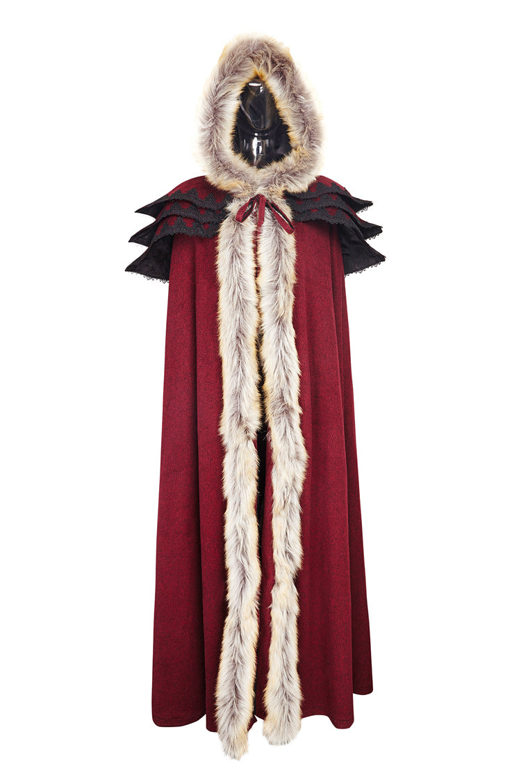 Crimson Hooded Fur-Collar Wool Gothic Cloak Coat
