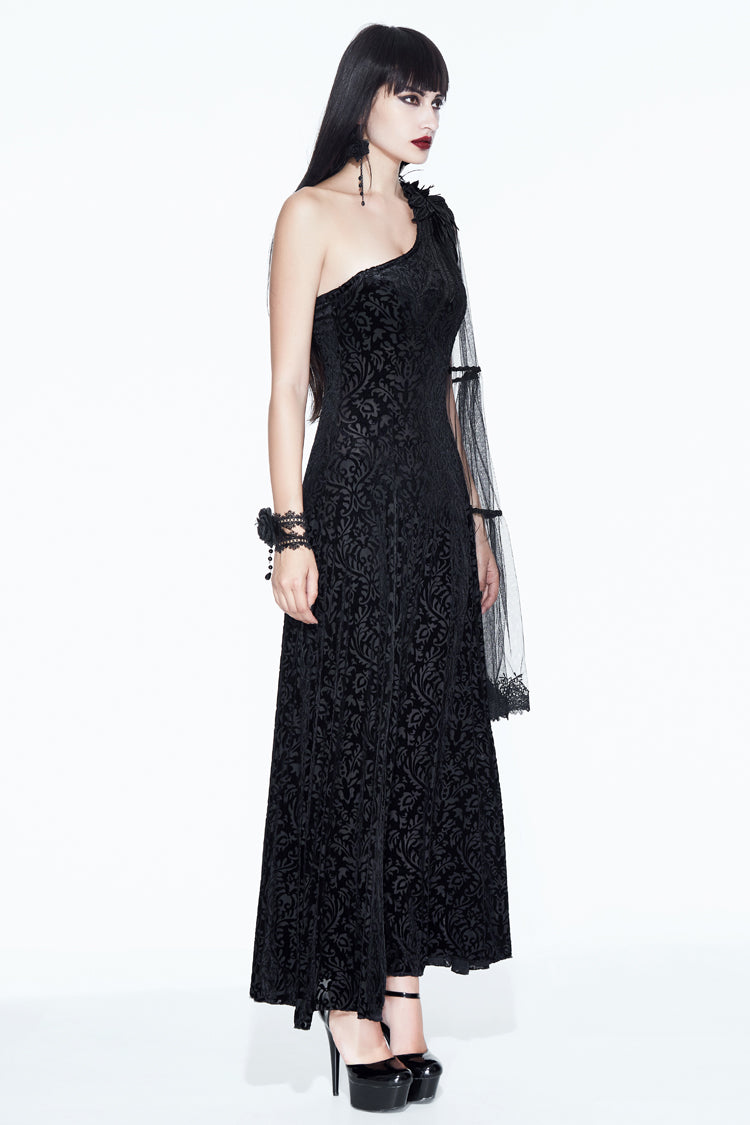Feather Lace Velvet Gothic Dress with One Shoulder