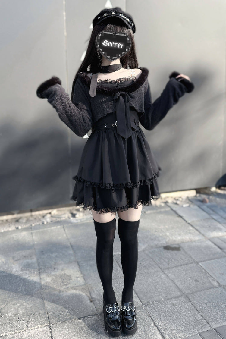 Printed Lace Long-Sleeve Jirai Kei Dress Set - Stardust Oath