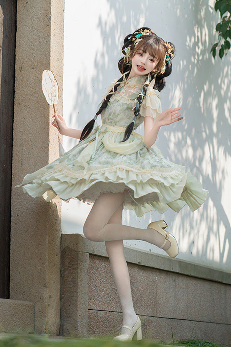 Jade Chiffon Double-Ruffle Bowknot Lace Chinese-Style Lolita Dress