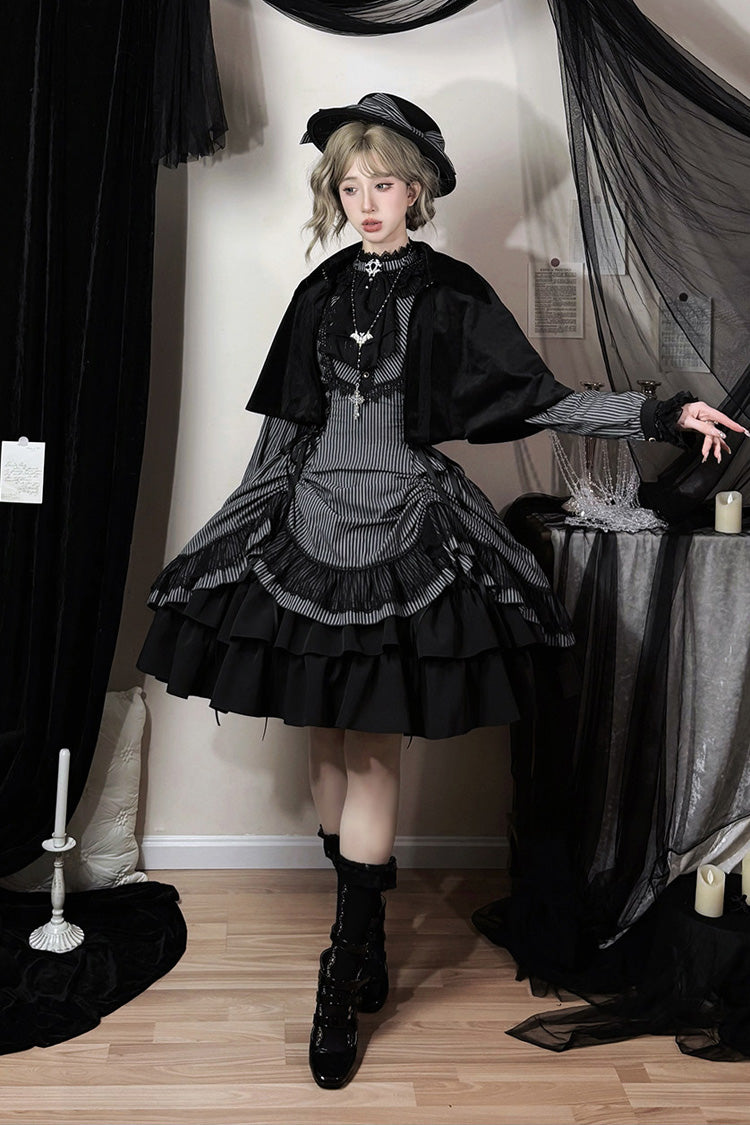 Point Manor Stand Collar Long Sleeves Multi-Layered Striped Printed Ruffled Lifted Hem Bow Gothic Lolita Dress - Black
