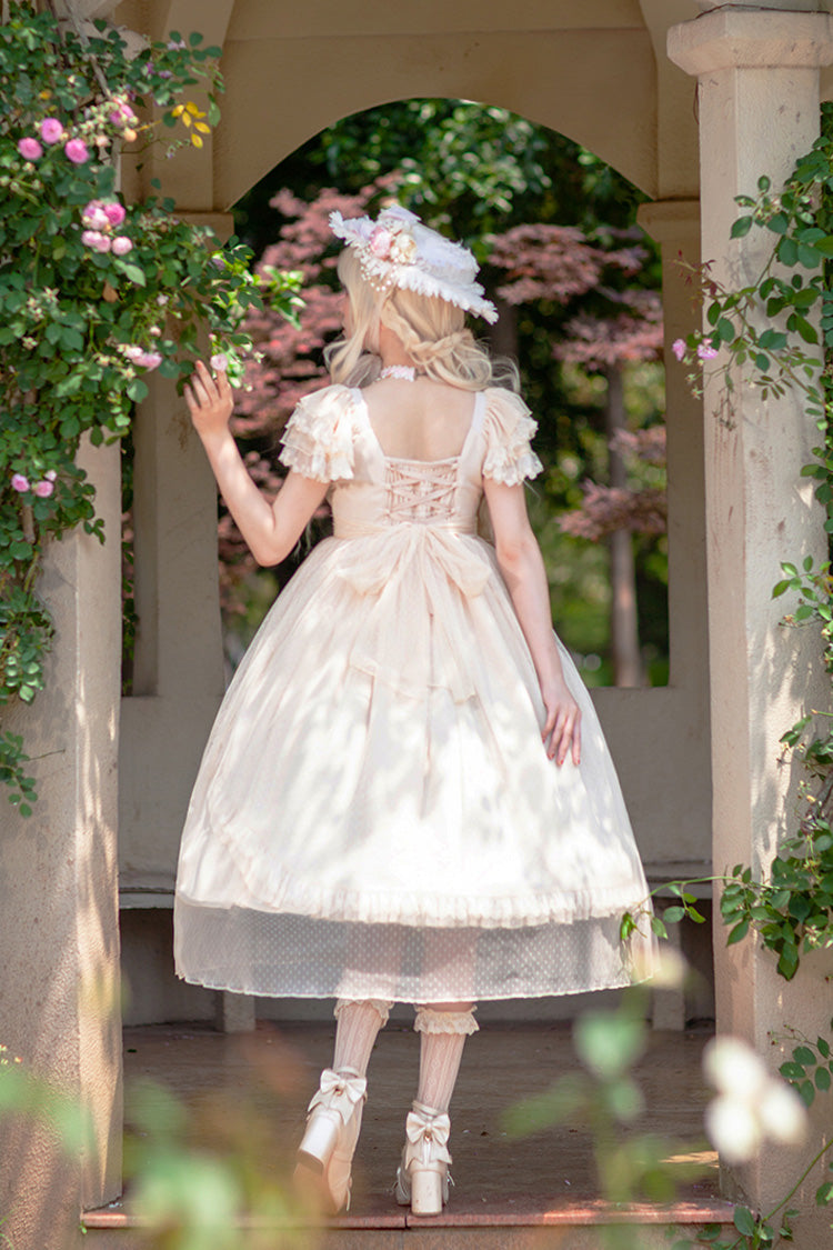 Apricot Elegant Lolita Dress with Polka Dot Print Ruffles Bowknot and Asymmetric Sweet Style
