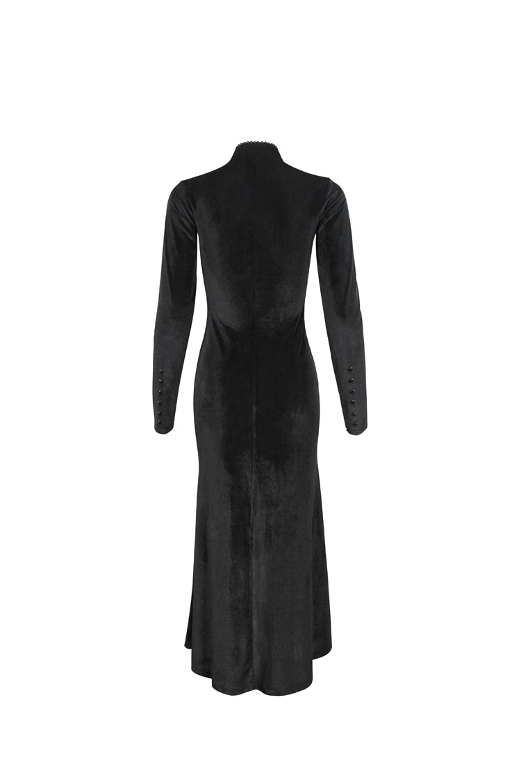 Stand Collar Paisley Lace Mesh Panel Asymmetric Hem Gothic Dress