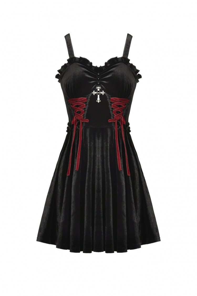 Crimson & Black Cross Lace-Up Velvet Slip Dress