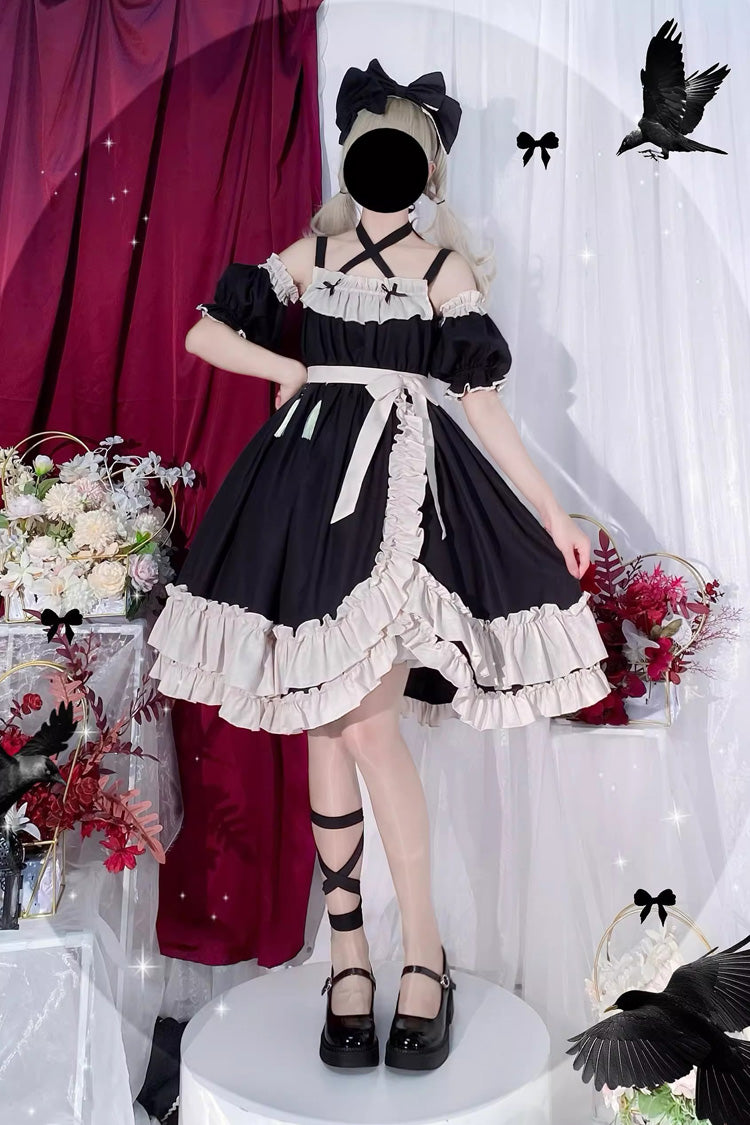 Sleeveless High Waist Ruffle Bow Asymmetric Gothic Lolita Jumper Dress - Black