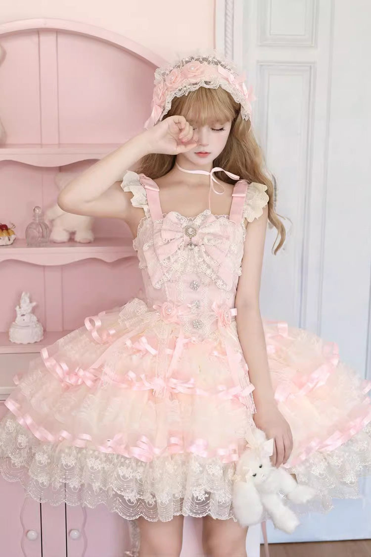 Pink Rose Feather Waltz Sleeveless Triple-Layer Ruffle Bow Lace Ballet Lolita Jumper