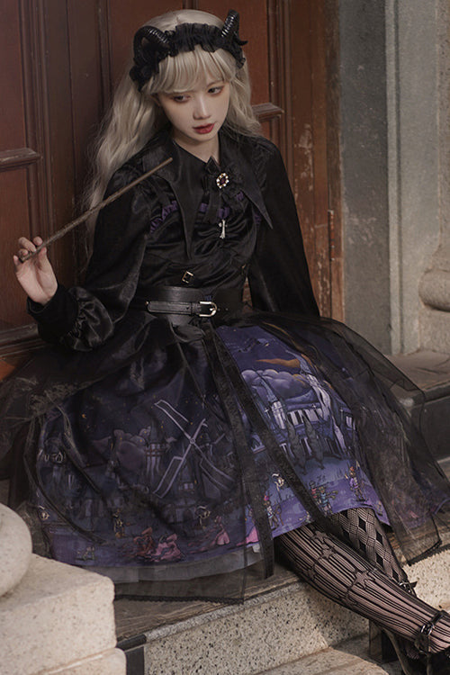 Ebony JSK Dress - Witch Town Print Gothic with Veil