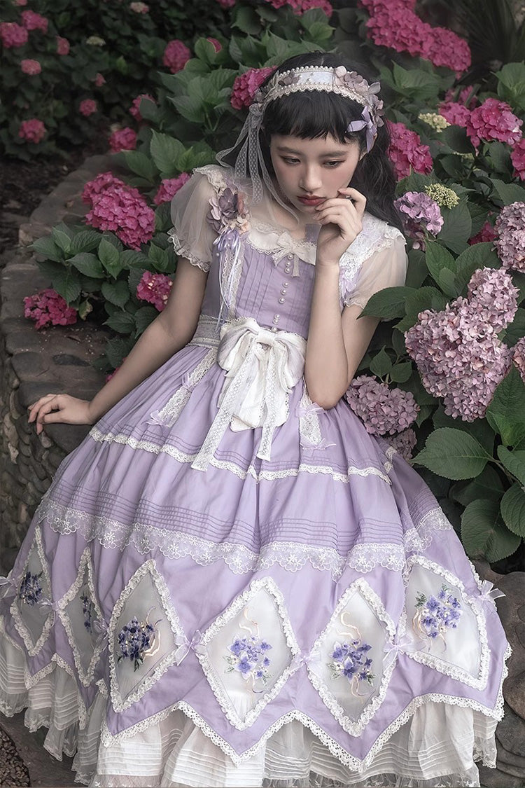 Heliotrope Print Ruffled Embroidered Bow Classic Vintage Gown
